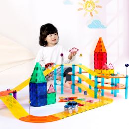 Race Car Track Building Block Educational Toy Set Magnetic Tiles Magnet Playset 2 LED Car STEM Learning Construction Kit Hand-Eye Fine Motor Skill Training Brain Development