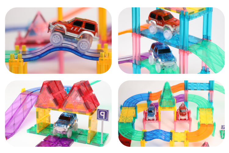 Race Car Track Building Block Educational Toy Set Magnetic Tiles Magnet Playset 2 LED Car STEM Learning Construction Kit Hand-Eye Fine Motor Skill Training Brain Development