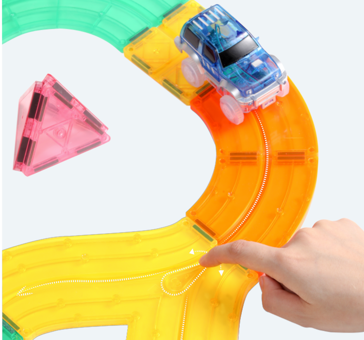 Race Car Track Building Block Educational Toy Set Magnetic Tiles Magnet Playset 2 LED Car STEM Learning Construction Kit Hand-Eye Fine Motor Skill Training Brain Development
