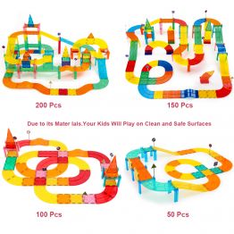 Race Car Track Building Block Educational Toy Set Magnetic Tiles Magnet DIY Playset 2 Light Up Car STEM Learning Construction Kit Hand-Eye Coordination Fine Motor Skill Training