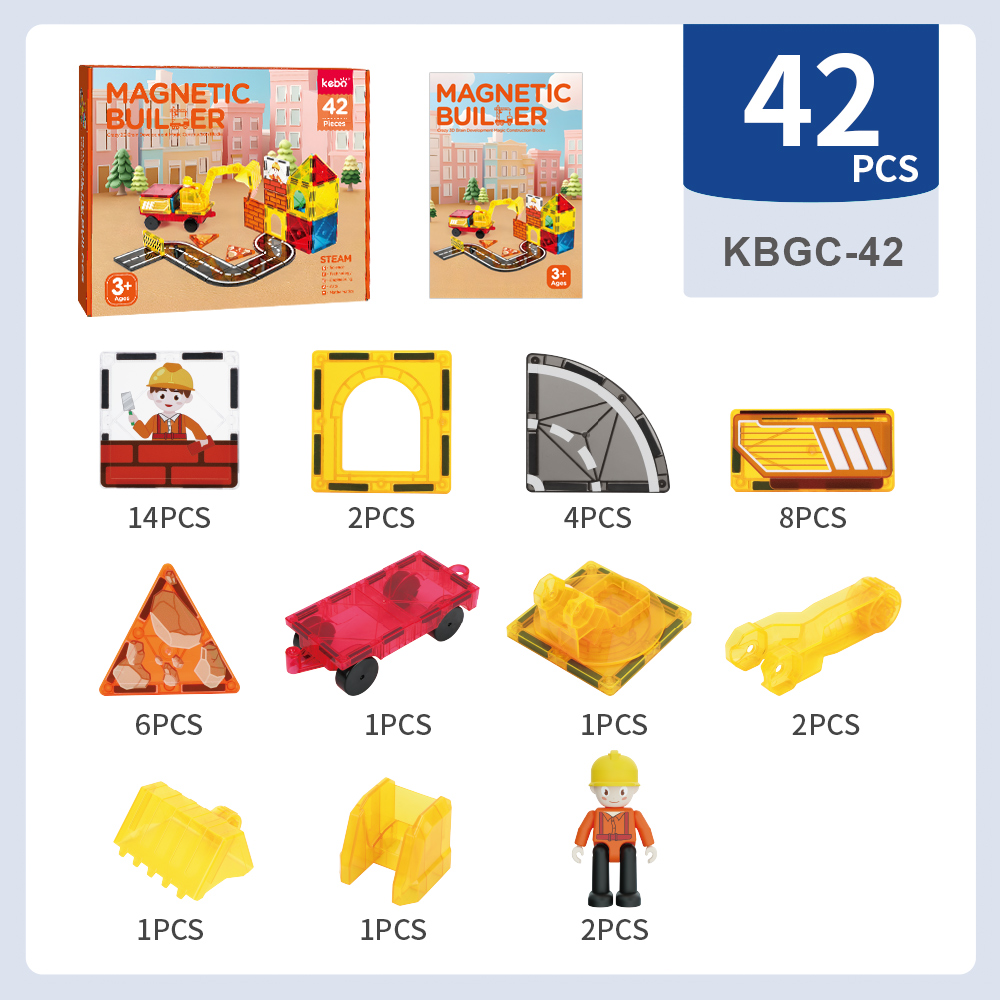 42Pcs Factory Wholesale New Design Construction Team Theme Magnetic Tiles Magnetic Toys STEM Magnet Educational Toys for Kids