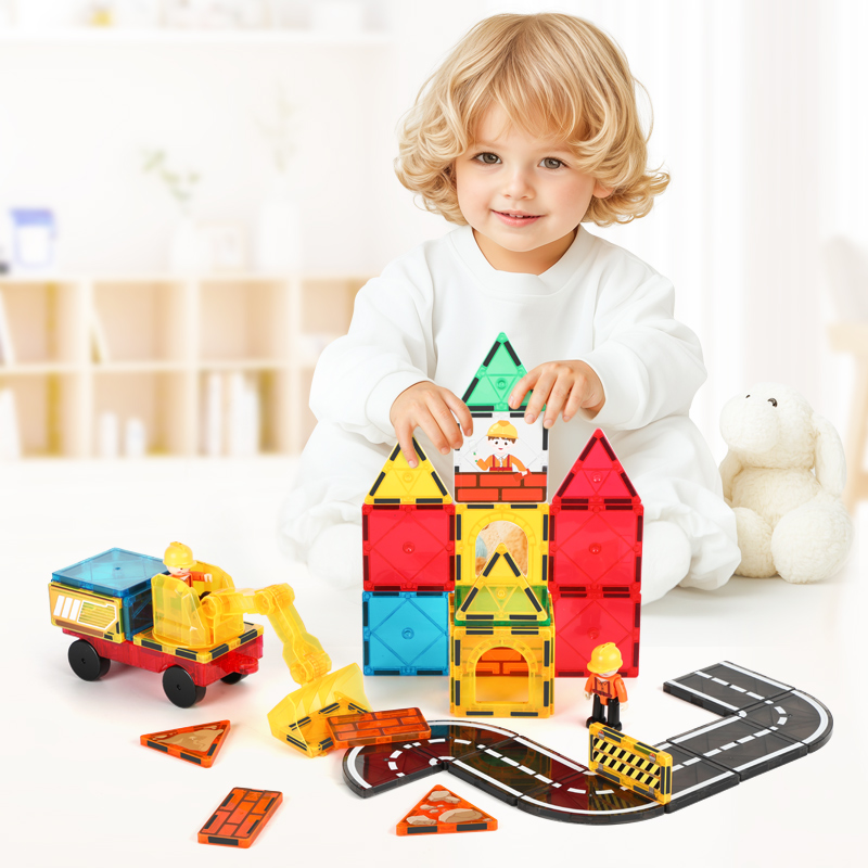 42Pcs Factory Wholesale New Design Construction Team Theme Magnetic Tiles Magnetic Toys STEM Magnet Educational Toys for Kids