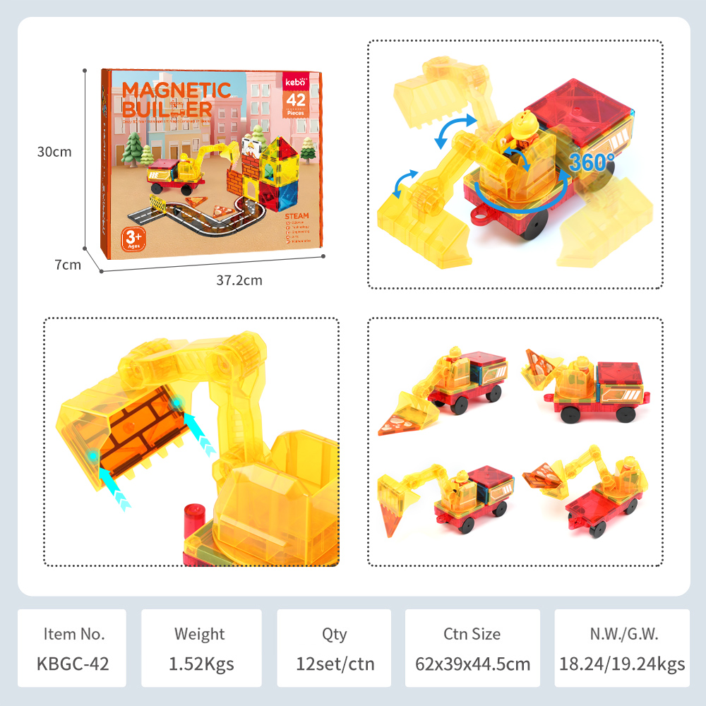 42Pcs Factory Wholesale New Design Construction Team Theme Magnetic Tiles Magnetic Toys STEM Magnet Educational Toys for Kids