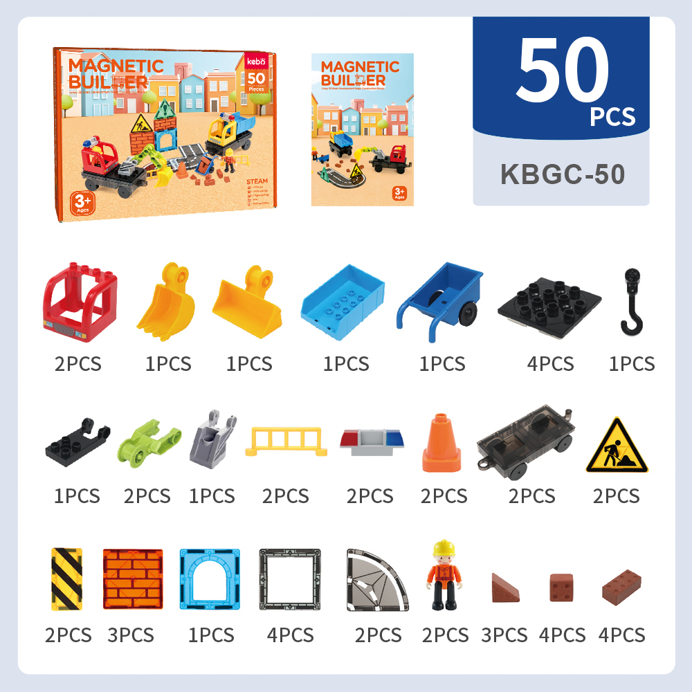 Factory Wholesale New Design 50Pcs Engineering Construction Theme Magnetic Tiles Blocks STEM Magnet Educational Toys For Kids