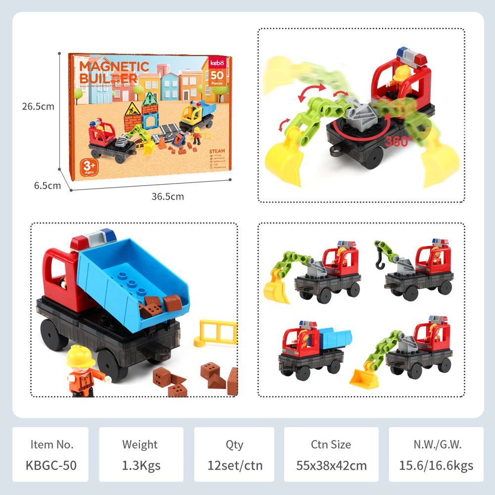 Factory Wholesale New Design 50Pcs Engineering Construction Theme Magnetic Tiles Blocks STEM Magnet Educational Toys For Kids