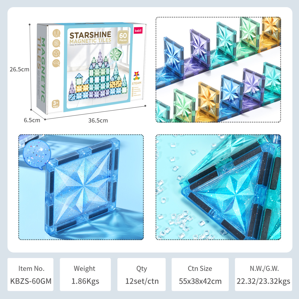 OEM ODM Custom Colors CPC ABS 60 Pcs Plastic Children Educational Building Set Starshine Magnetic Tiles Toys for Kids
