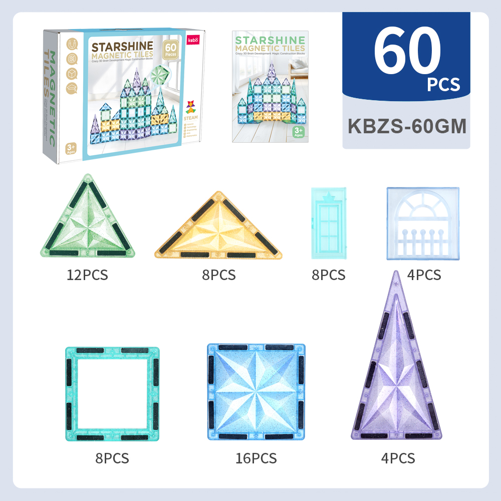 OEM ODM Custom Colors CPC ABS 60 Pcs Plastic Children Educational Building Set Starshine Magnetic Tiles Toys for Kids