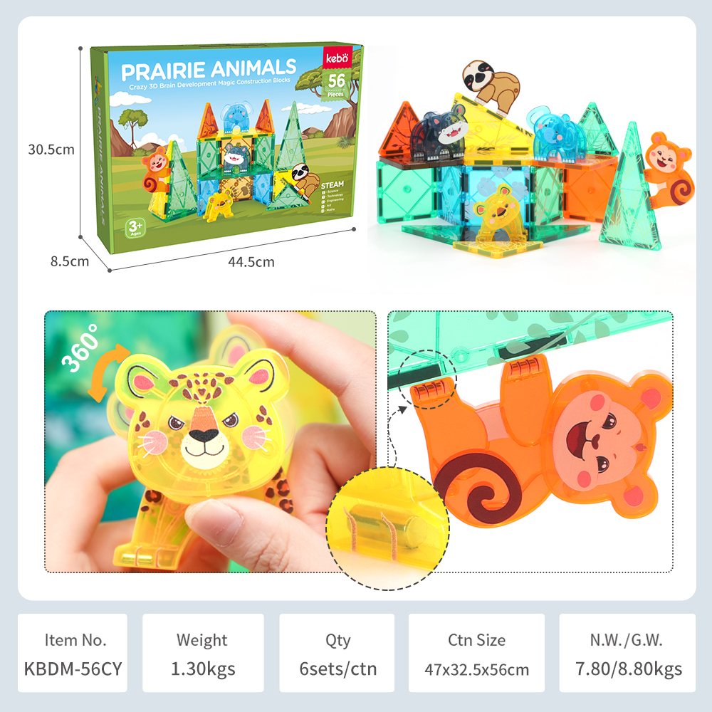 56Pcs Factory Wholesale New Design Prairie Animals Magnetic Tiles Magnetic Toys Magnet Educational Toys for Kids