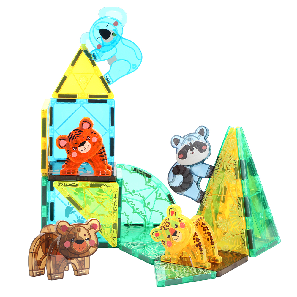 56PCS Strong Magnet STEM Animals Theme Building Blocks UV Printing Tiles Toys Construction Game Set DIY Magnetic Tiles for Kids