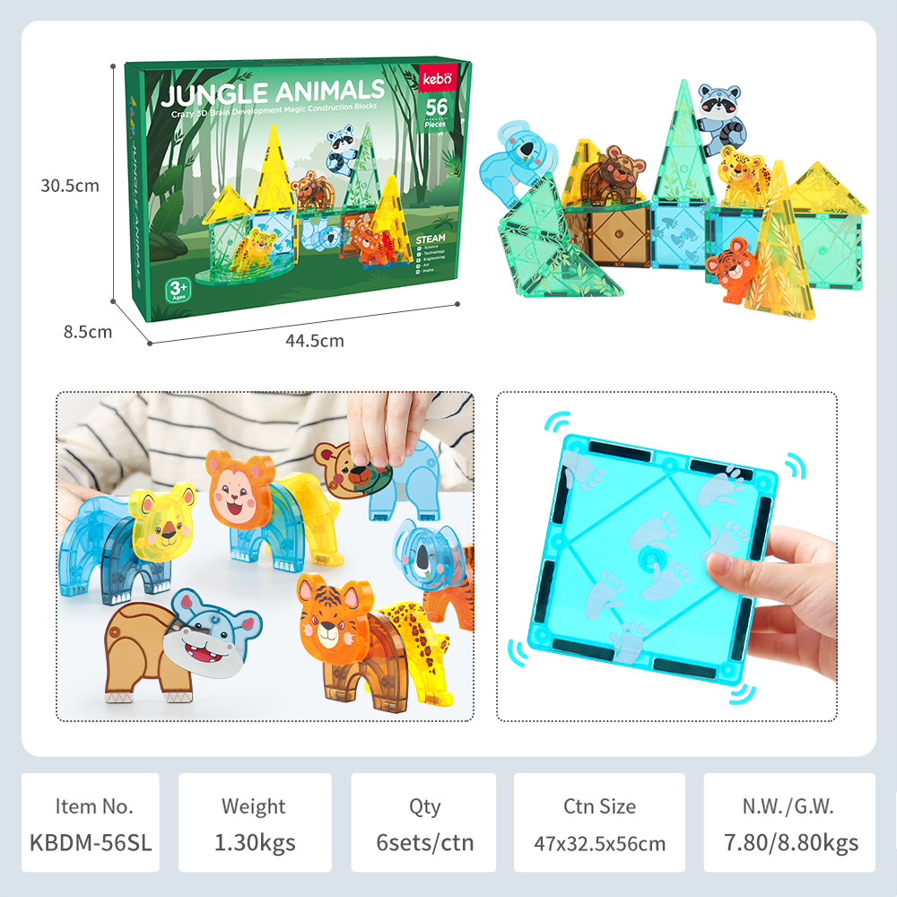 56PCS Strong Magnet STEM Animals Theme Building Blocks UV Printing Tiles Toys Construction Game Set DIY Magnetic Tiles for Kids