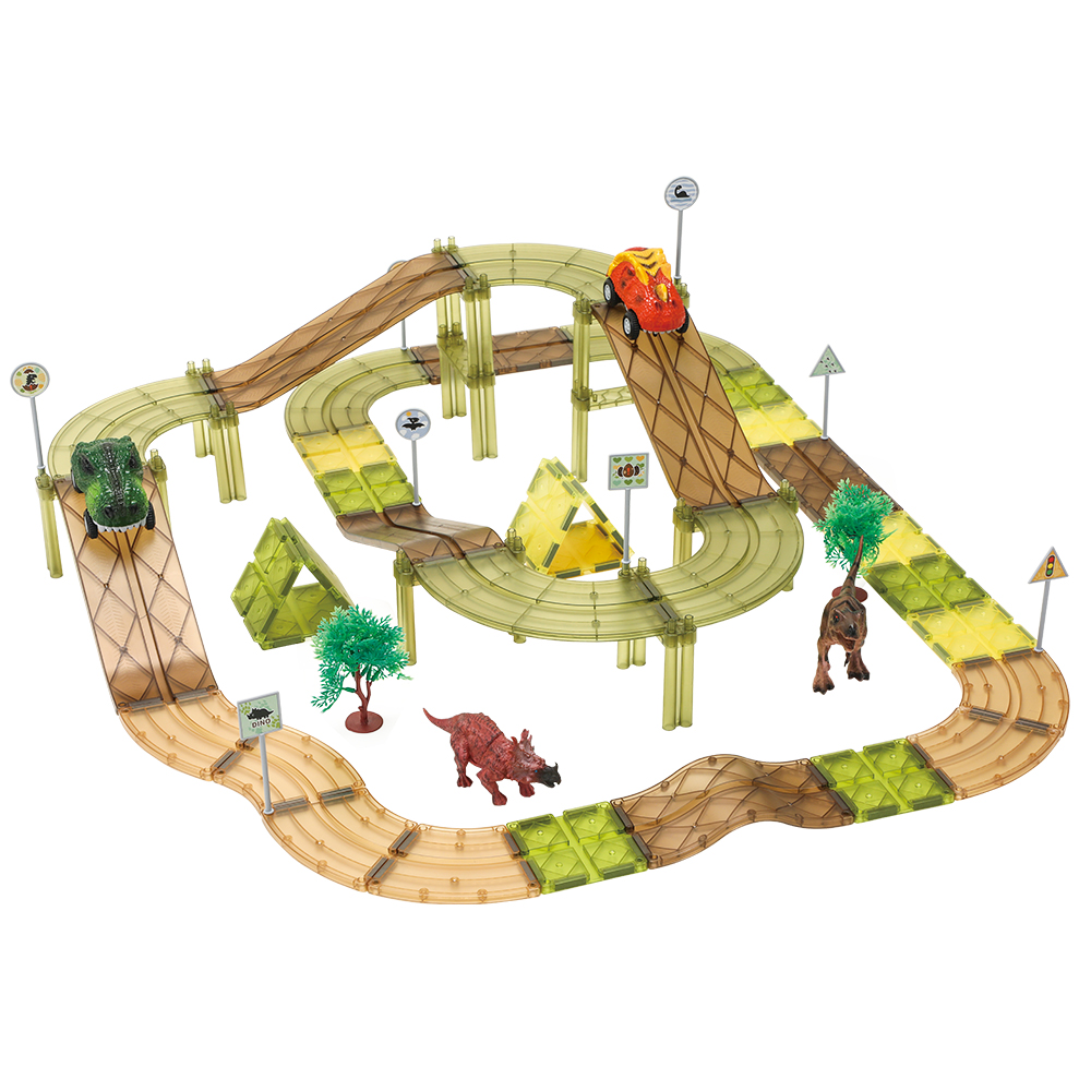 80PCS Factory Selling Magnetic Tile Set Dino Theme Creative Educational Toy for Kid Marble Run Racing Car Track Magnetic Building Tile