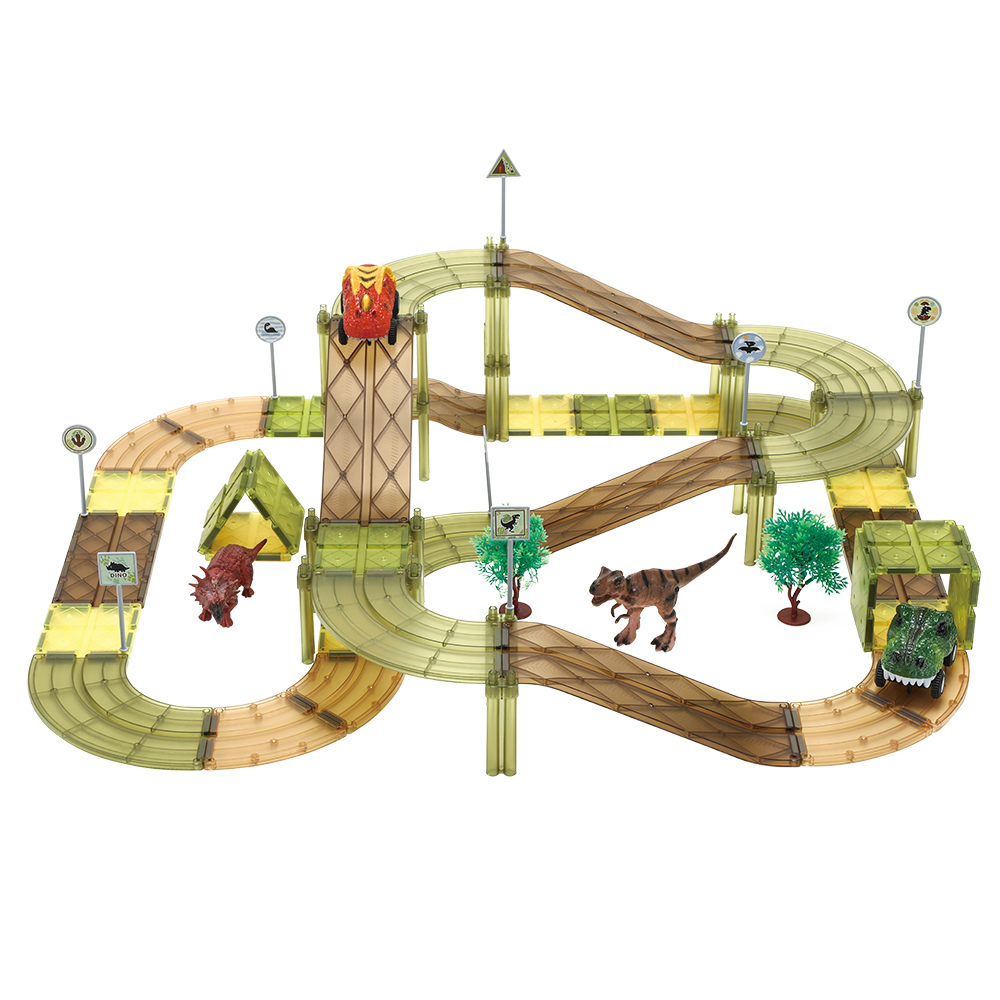 80PCS Factory Selling Magnetic Tile Set Dino Theme Creative Educational Toy for Kid Marble Run Racing Car Track Magnetic Building Tile