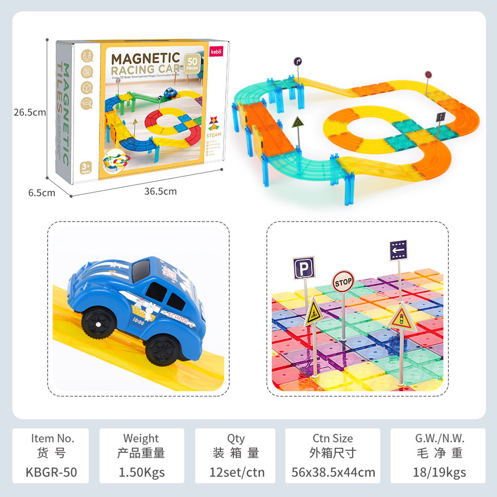50 Pcs Hot Sale Early Educational Magnetic Tiles Toy Magnetic Building Block Marble Run Racing Car STEAM Toys for Kids