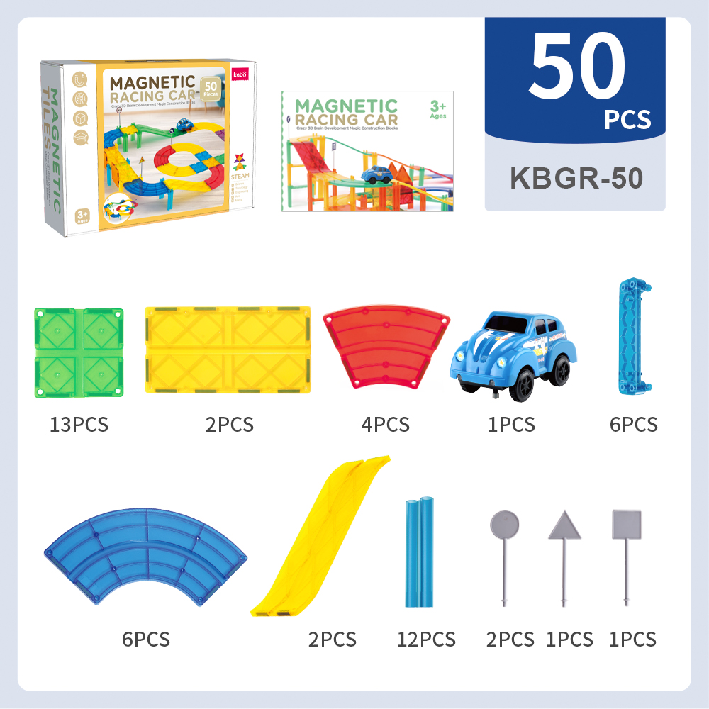 50 Pcs Hot Sale Early Educational Magnetic Tiles Toy Magnetic Building Block Marble Run Racing Car STEAM Toys for Kids