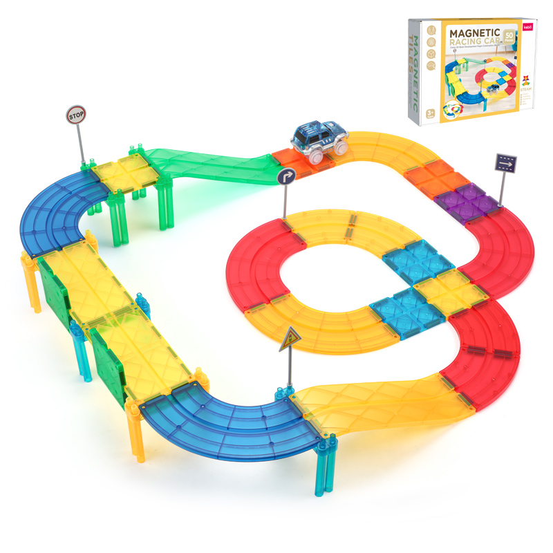 50 Pcs Hot Sale Early Educational Magnetic Tiles Toy Magnetic Building Block Marble Run Racing Car STEAM Toys for Kids