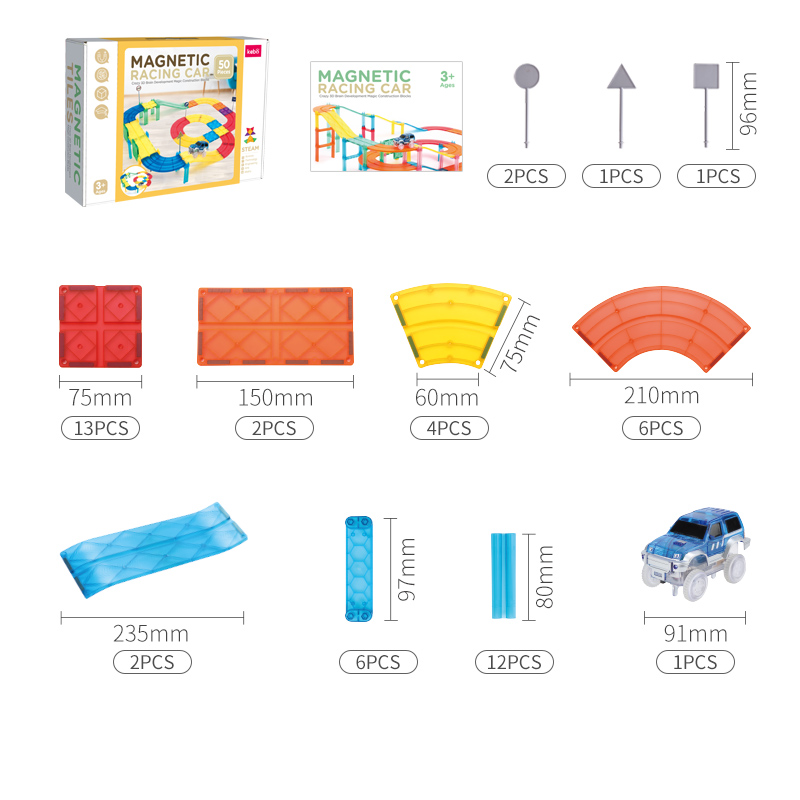 50 Pcs Hot Sale Early Educational Magnetic Tiles Toy Magnetic Building Block Marble Run Racing Car STEAM Toys for Kids