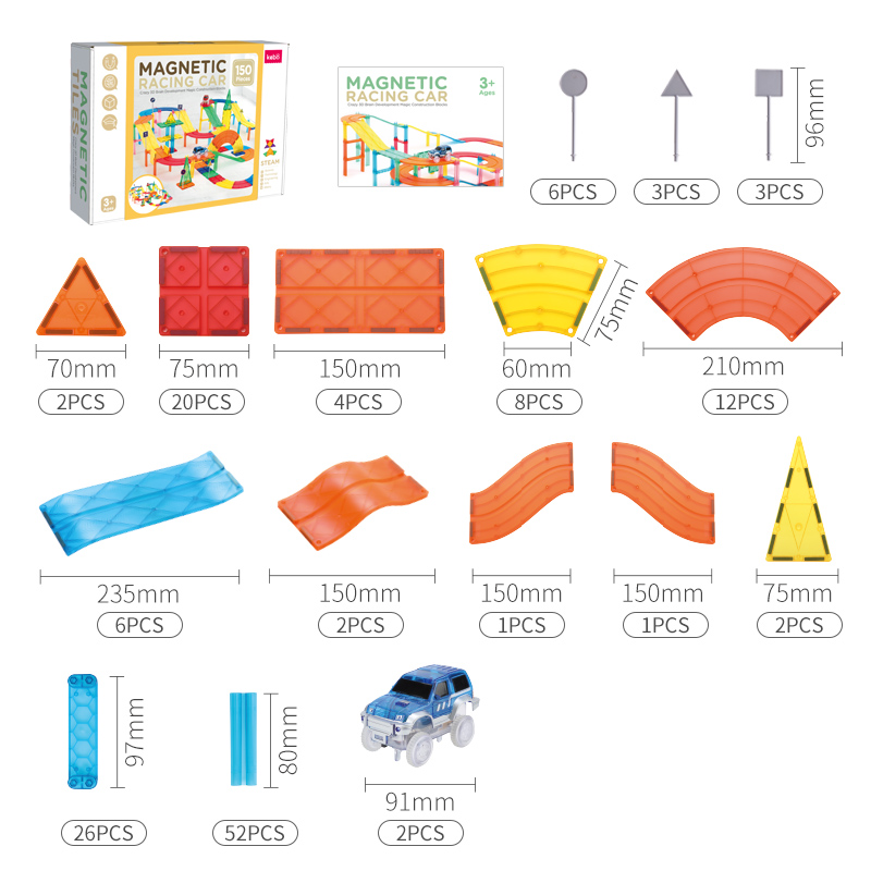 KBGR-150 Magnet DIY Race Car Track Educational Toy Set Magnetic Tiles Magnetic Building Blocks STEM Toys for Kids