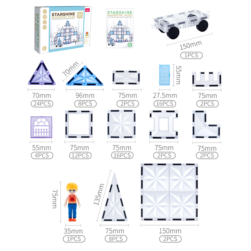 100PCS Hot Sales Factory Wholesale OEM ODM Custom Colors CPC ABS Plastic Children Educational Starshine Magnetic Tiles Toys for Kids